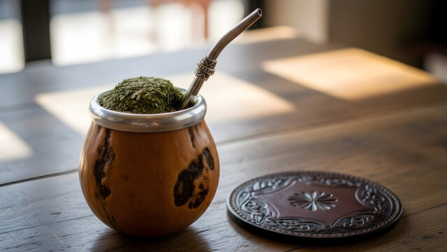 Yerba mate tea in traditional gourd with metal bombilla straw on wooden table with leather coaster