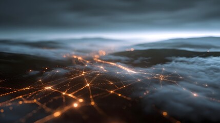 Futuristic digital network glowing through fog covered mountain landscape