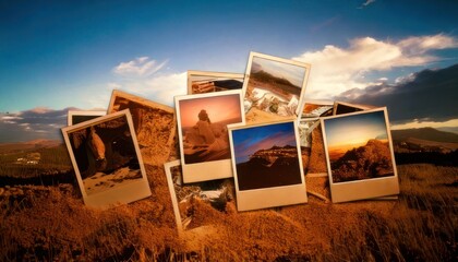 A collection of vintage photographs showcasing diverse landscapes and scenic views under a vibrant sky.