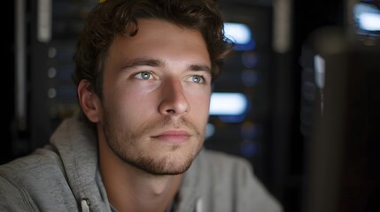 A young man in a hoodie looks intently into the distance surrounded by glowing server racks in a data center at night