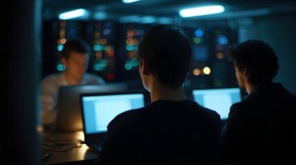 Three people working intently on laptops in a dimly lit data center with server racks
