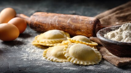 Four ravioli are placed on a kitchen counter beside eggs a rolling pin and a bowl of flour. This scene shows the process of preparing homemade pasta in a kitchen.
