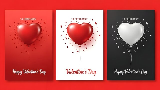 Happy valentines day greeting cards with heart balloons on red black - Powered by Adobe