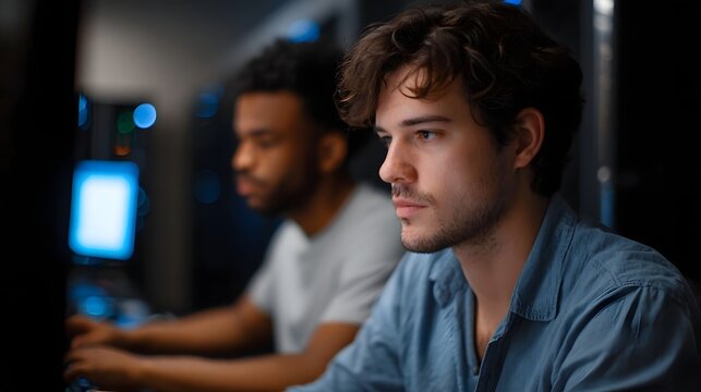 Two professionals focusing on computer screens in a dimly lit modern server room environment at night - Powered by Adobe