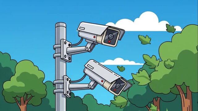 CCTV Cameras Outdoor Park Surveillance Illustration Cartoon Style