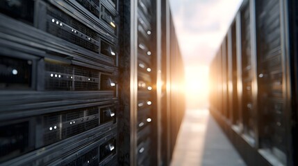 Data center server racks extending into bright sunlight symbolizing vast digital connectivity and futuristic technology