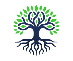 Obraz premium Tree of Life with Roots Logo, Green Nature, Growth and Sustainability Vector Illustration.