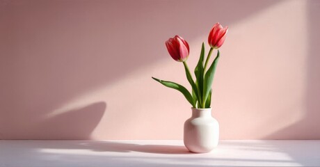 Fototapeta premium Red tulips bloom inside small vase. Soft light creates shadows, simple composition, pastel background. Minimalist still life.
