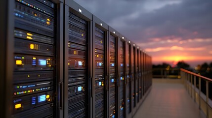 Server racks with illuminated displays stand in a row against a dramatic twilight sky