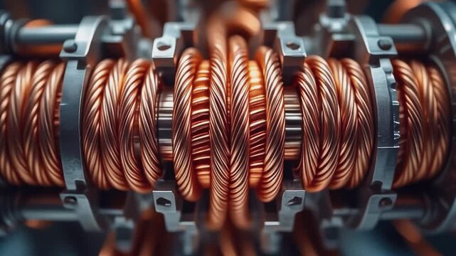 Beautifully arranged copper winding wire in multiple layers wrapping around a motor core with atmospheric lighting, 4K macro.