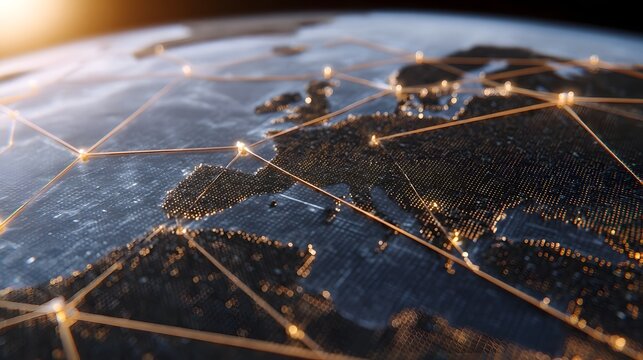 Digital globe with glowing network connections across Europe illuminated by soft sunlight - Powered by Adobe
