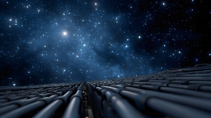Futuristic network of cables stretching towards a vast star filled cosmic night sky
