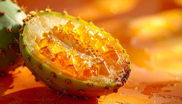 Prickly pear cactus fruit cut in half reveals sparkling golden topaz crystals inside, vibrant orange background, fresh, surreal, and imaginative concept art