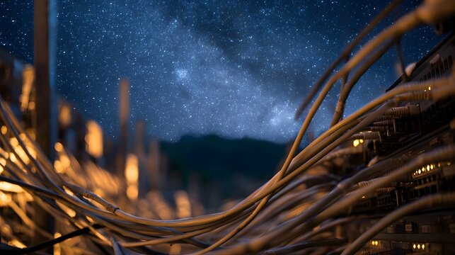 Network cables and server connections illuminated under a vast starry night sky - Powered by Adobe