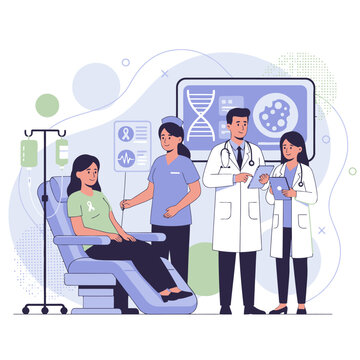 Cancer care and oncology treatment concept with flat vector illustration of medical professionals, chemotherapy infusion, radiotherapy screening, and multidisciplinary patient recovery support