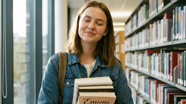 A vibrant young individual beams with a joyful smile, gazing directly at the viewer while holding a stack of academic books. Dressed in casual denim and carrying a backpack, this student exemplifies e