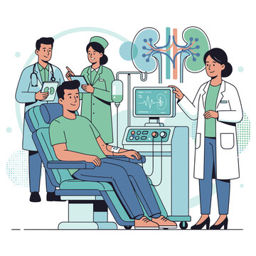 Kidney disease treatment center concept with flat vector illustration of nephrologist consulting patient on renal health dialysis care and urinary system medical diagnostics for kidney failure