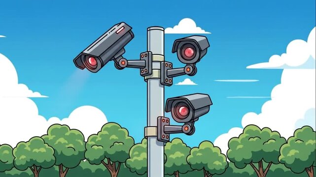 Security Cameras Surveillance System Pole Cartoon Illustration