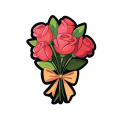 Pink Rose Bouquet Sticker Icon Bright Coral Roses with Bow Flat Vector
