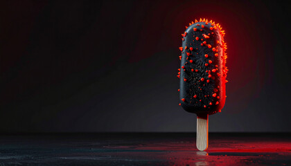 Dark espresso ice cream bar dipped in matte charcoal shell with neon orange spike tip, glowing in dramatic lighting, modern dessert concept, mysterious and bold