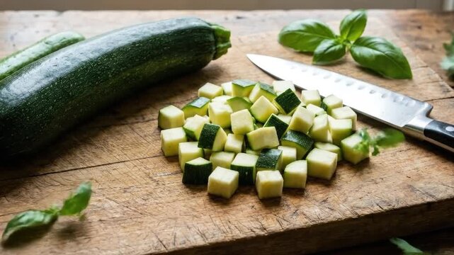 A visually appealing arrangement features whole and diced fresh zucchini, meticulously prepared on a rustic wooden cutting board. Alongside the vibrant green and white vegetable pieces lies a sharp ch