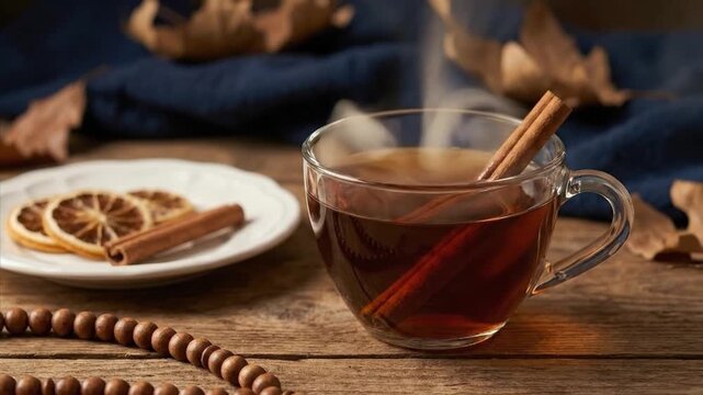A visually appealing clear glass mug of steaming hot beverage, infused with aromatic cinnamon sticks, rests invitingly on a rustic wooden table. Beside it, a white plate holds delicate dried citrus sl