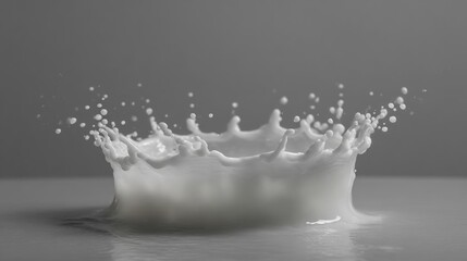 Black and white photograph of a splash of milk. the splash is in the center of the image and is made up of multiple droplets of milk that are splashing out of the surface.