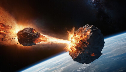 Astronomical chaos meteor impact asteroid apocalypse and space explosion illustration
6