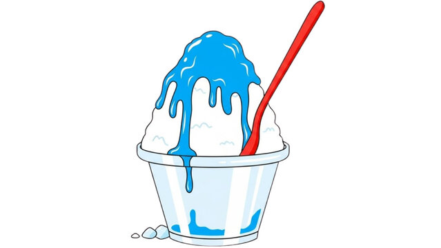 A blue slushy dessert in a cup with a red spoon, viewed from the side