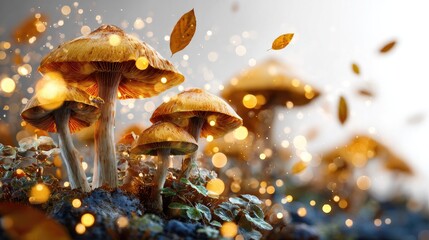 Autumn Mushrooms: A cluster of enchanting autumn mushrooms thrives amidst a tapestry of fall foliage, illuminated by the soft glow of golden light, creating a scene of woodland magic.