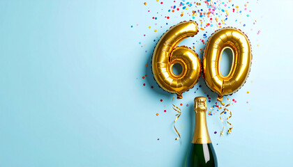 Gold foil number balloons, confetti, and champagne bottle create festive 60th birthday celebration scene on light blue background, evoking joy and excitement