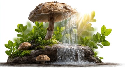 Whimsical Mushroom Waterfall: A surreal scene unfolds as a towering mushroom caps a miniature waterfall, creating a fantasy landscape with vibrant green foliage and mystical appeal.