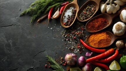 A collection of spices herbs and vegetables is laid out on a dark kitchen surface. Wooden spoons hold various spices alongside fresh garlic and chili peppers.