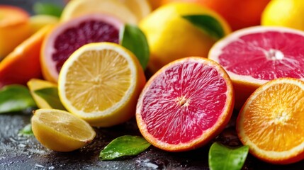Fresh citrus fruits are arranged on a dark surface. Oranges lemons and grapefruits are visible with their vibrant colors and textures. Leaves are scattered around the fruits.