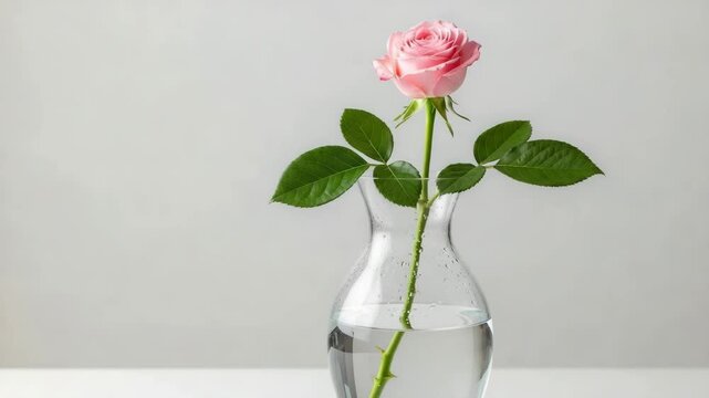 Pink rose placed in a clear glass vase on a neutral background,   A hand gently placing a fresh flower stem into a clear glass vase,