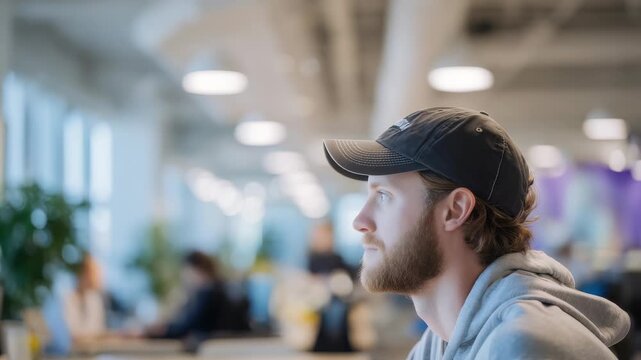 Young man with a beard and cap sits thoughtfully in a modern open office space, illuminated by soft natural light. Creative workspace atmosphere inspires productivity and innovation