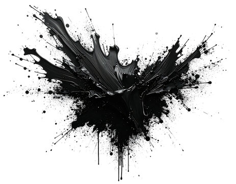 A dynamic, abstract artwork featuring a splash of dark gray liquid radiating outwards against a stark black background - Powered by Adobe