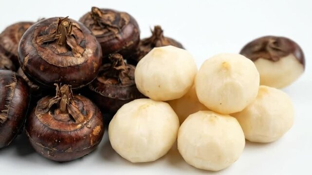 A visually appealing close-up studio shot showcasing a fresh assortment of water chestnuts against a pristine white background. The composition highlights both the raw, earthy charm of unpeeled water 