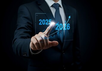 Businessman touching futuristic screen displaying financial growth chart for 2025 and 2026 suit