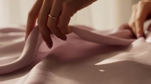 Woman's hand with gold ring on pink fabric indoors