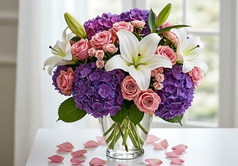 Elegant Pink Roses and White Lilies with Purple Hydrangeas in Glass Vase bouquet flowers