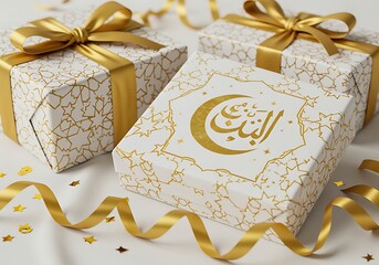 Golden Ramadan Gift Boxes with Ribbons and Confetti stock iask