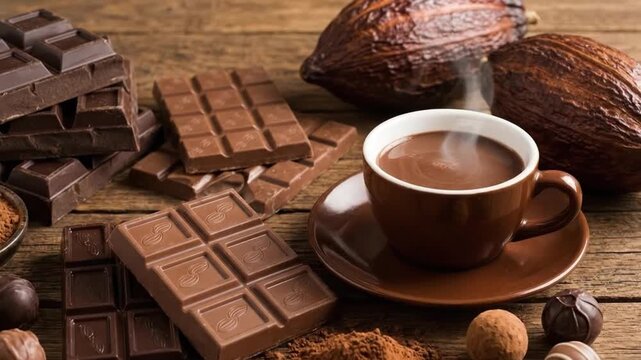 A visually rich and inviting display of various chocolate products and their origins on a rustic wooden surface. The scene features steaming hot cocoa in a brown mug, surrounded by stacked bars of dar