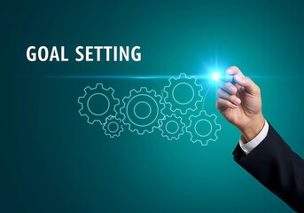 Hand drawing interconnected gears with the text GOALSETING sketching cogs