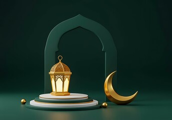 Islamic decorative elements with golden crescent moon and lantern on podium Ramadan