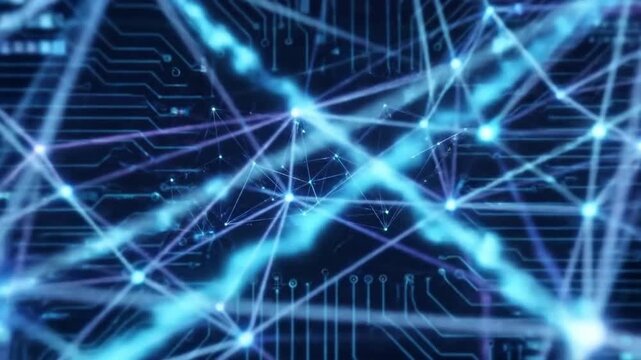 A visually striking abstract animation unfolds, presenting a complex digital network comprised of bright, shimmering blue and purple lines intricately connecting numerous glowing nodes against a deep,