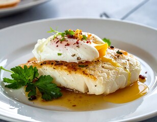 Close-up shot of pan-seared white fish fillet topped with a perfectly poached egg, garnished with parsley, on a white plate