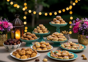 Outdoor table laden with assorted Arabic sweets and dates for Eid celebration cookies pastries