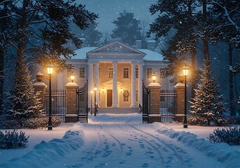 Snow covered mansion entrance with glowing lanterns and pine trees at night winter estate