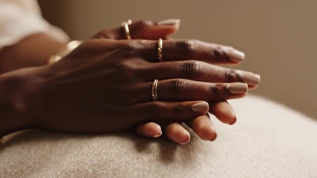 Woman's hands resting on a beige fabric surface indoors